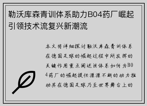 勒沃库森青训体系助力B04药厂崛起 引领技术流复兴新潮流