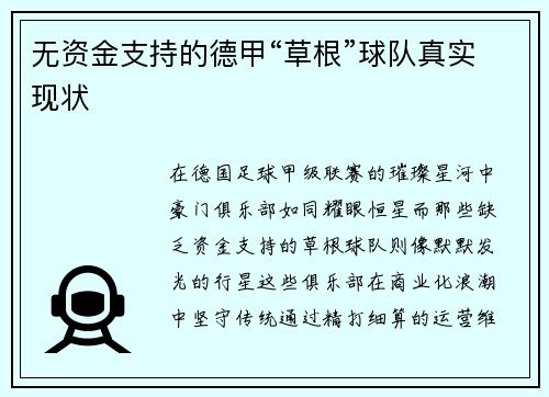 无资金支持的德甲“草根”球队真实现状