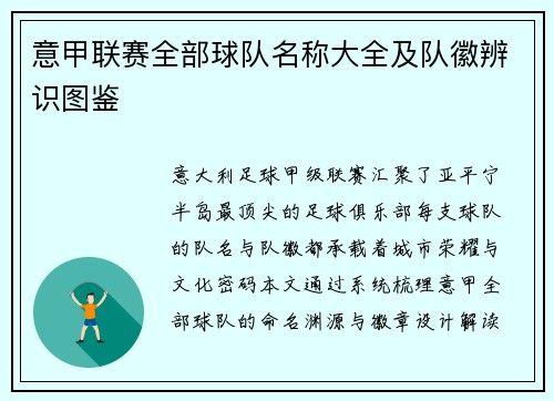 意甲联赛全部球队名称大全及队徽辨识图鉴