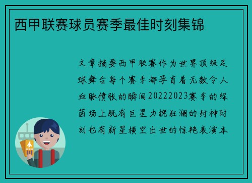 西甲联赛球员赛季最佳时刻集锦